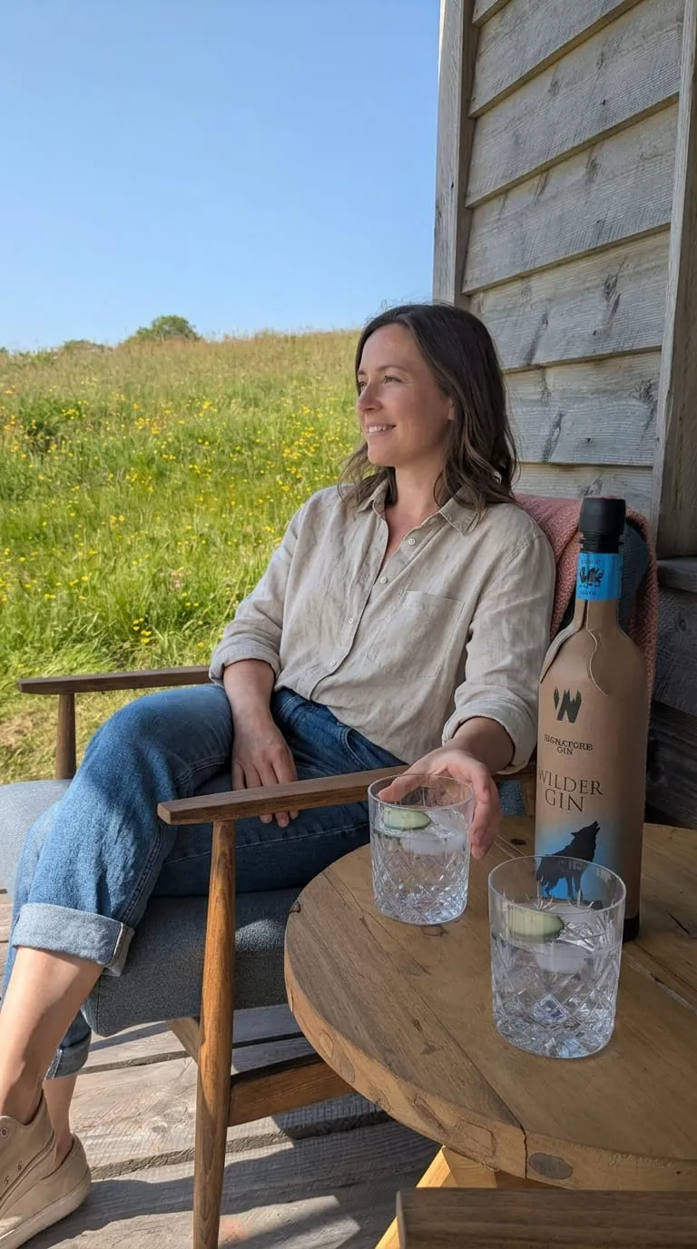 Guest relaxing on cabin porch with a meadow view