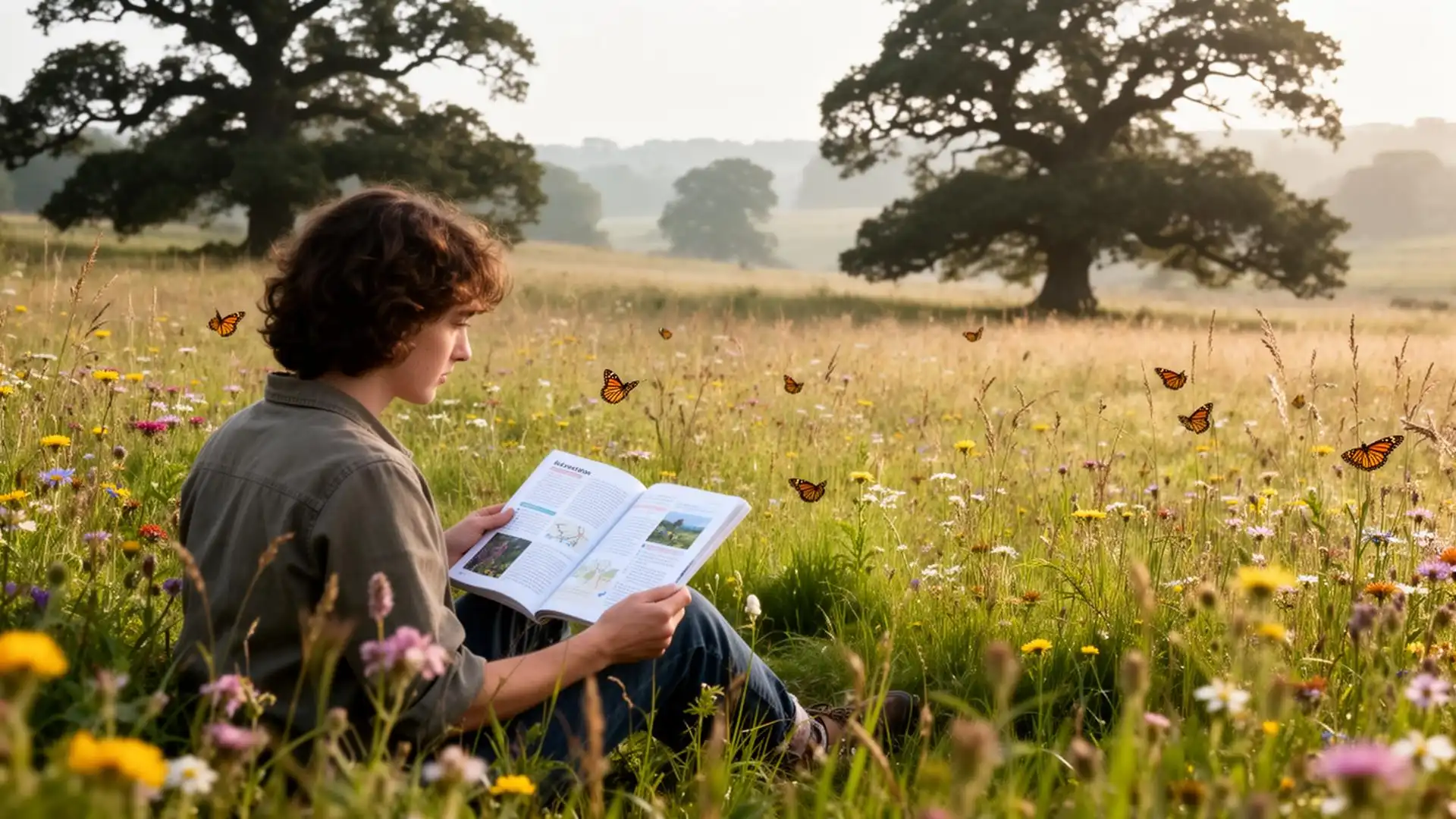 Person walking through restored wildflower meadow with native grasses and pollinator-friendly plants